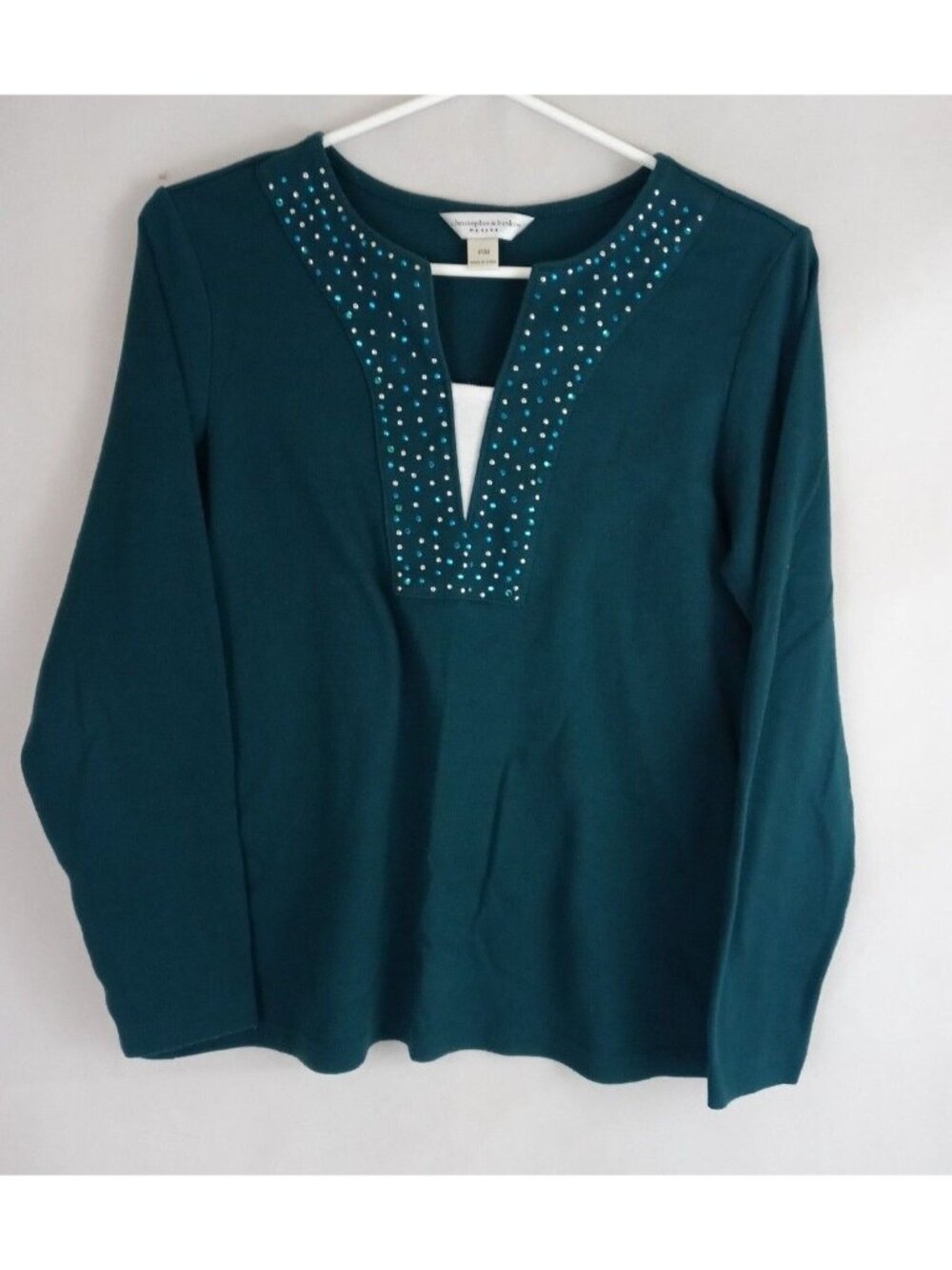 Christopher & Banks Petite Women's Dark Green Beaded Shirt Size PM